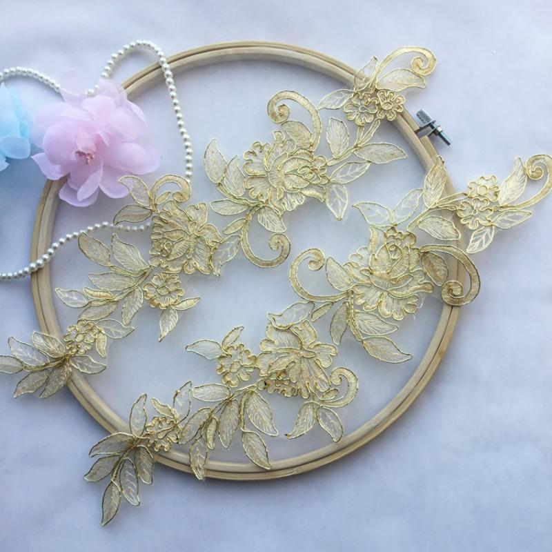 Flower Pattern Lace Fabric, 1 Pair DIY Embroidery Lace Fabric, DIY Lace Trim for Wedding Dress Headwear, Home Decoration, Clothing Decoration 0