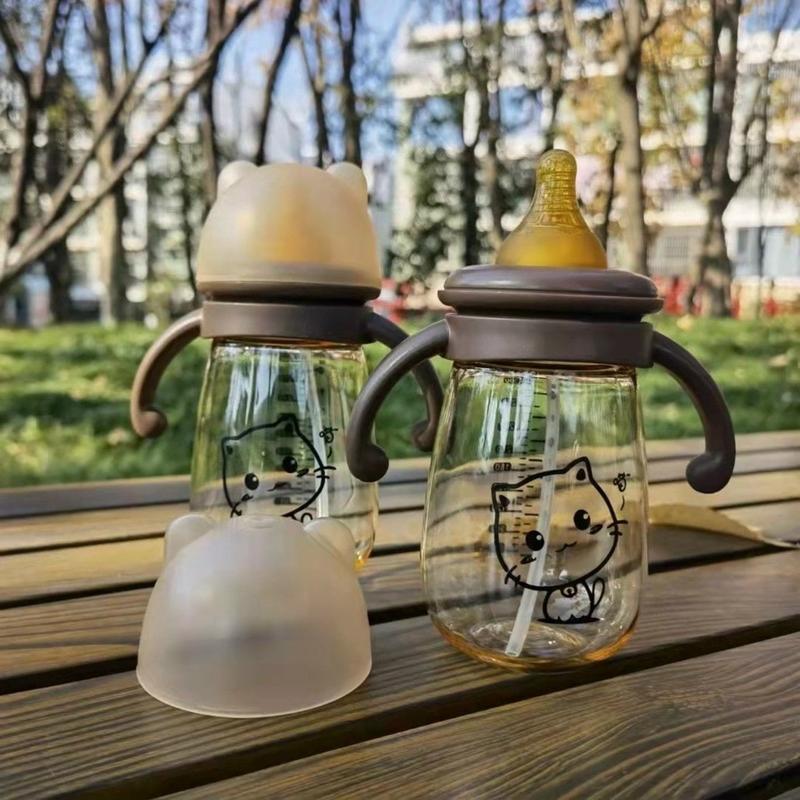 ( Tặng Que cọ ống Hút ) Bình Nước Cổ Rộng Mèo Có Van Chống Sặc 300ml  Dành Cho Bé