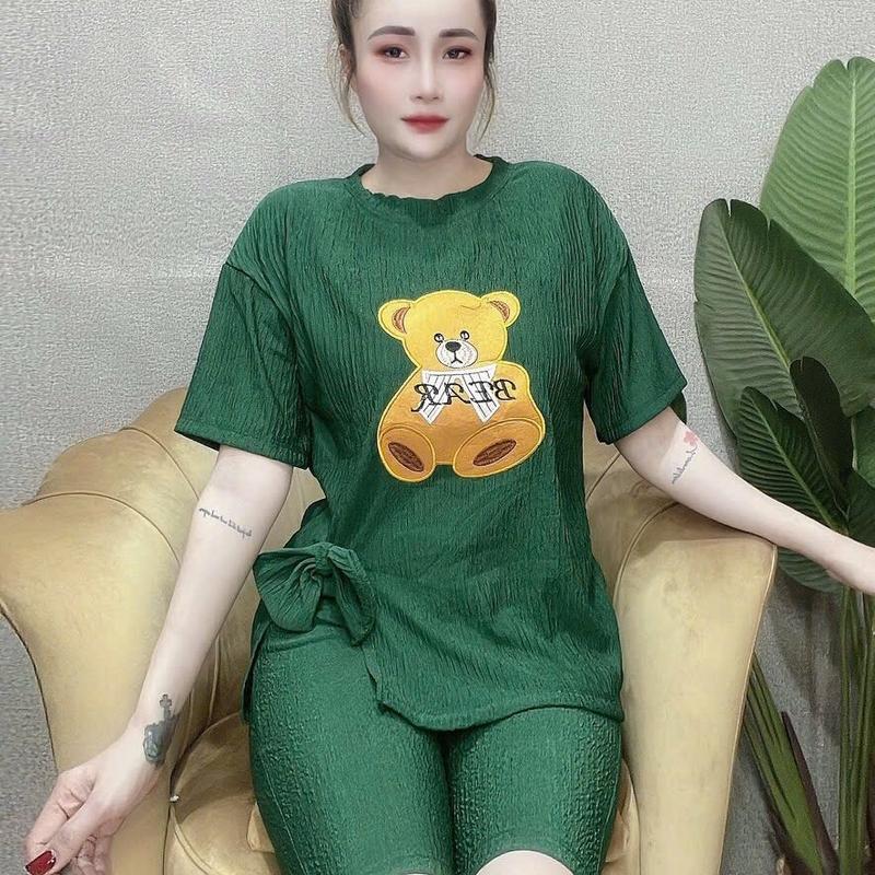 Đồ Bộ Lửng Nữ Ngang Gối Thêu Gấu, Xẻ Lai Có Nơ, Vải Thun Xốp Co Dãn, Thấm Hút Mồ Hôi Women chỉ giặt tay thoải mái Áo Top set  đồ