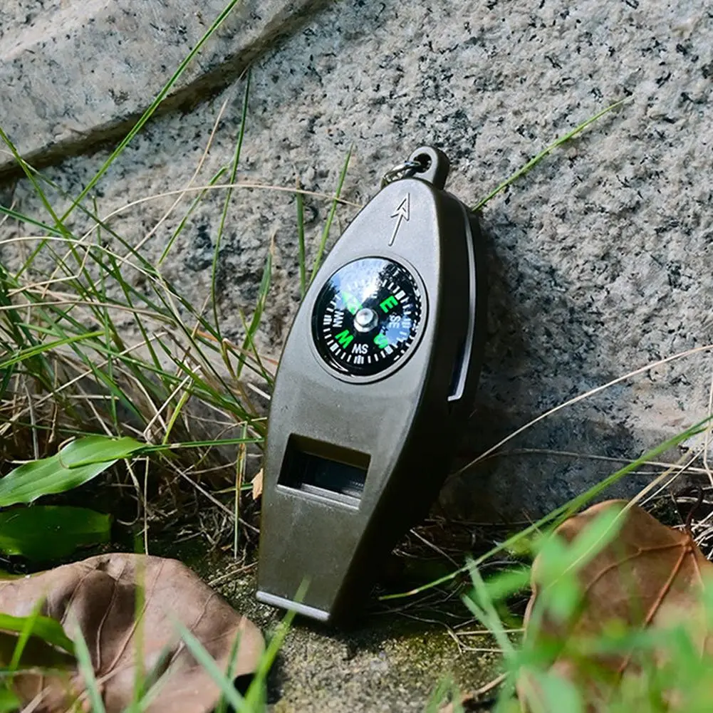 1 Pc Black 4in1 Mini Survival Tool Thermometer Whistle Compass Ourdoor Camping Hiking Rescue Tools Whistle