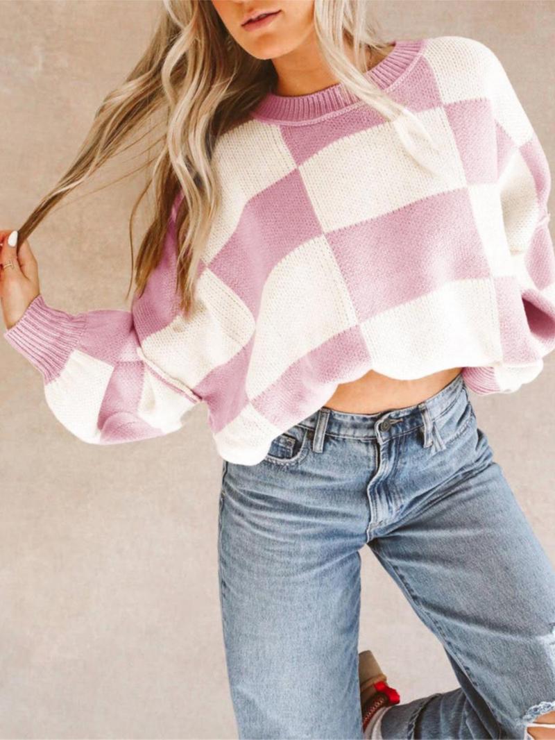 Product Introduction of Women's Plaid Print Drop Shoulder Sweater, Casual Long Sleeve Round Neck Jumper for Fall & Winter, Fashion Ladies' Knitwear for Daily Wear, Going Out Tops 19