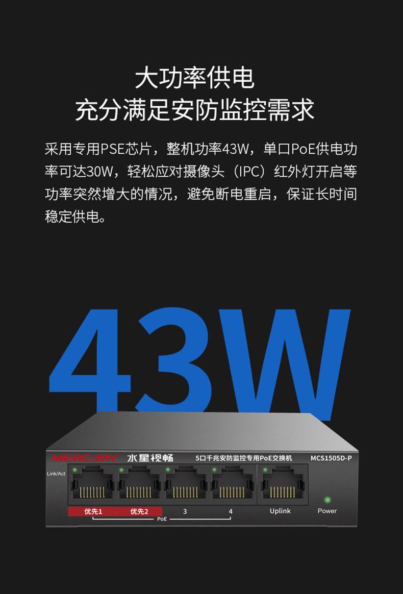 Product Introduction of Mercury MCS1505D-P Gigabit 5-port Plug-and-play Security Monitoring Dedicated PoE Switch With A Total Power Of 43W 31