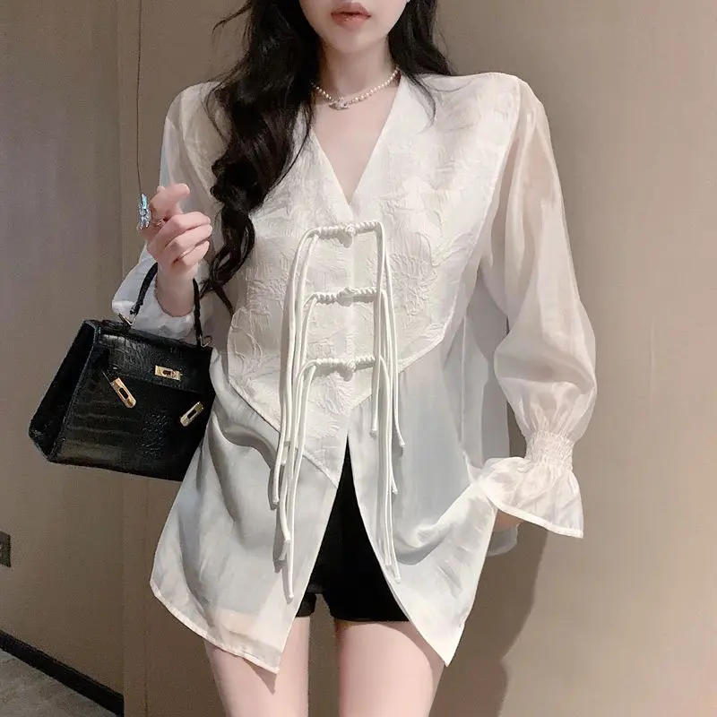 Áo Voan, Phong Cách Trung Quốc Mới, Thiết Kế Cổ Điển Khóa Trang Trọng, Dành Cho Phụ Nữ, Mặc Mùa Hè, Dài Trung Bình Cổ Chữ V, Áo Mỏng Top Sơ Mi Women Shirt Có Cổ