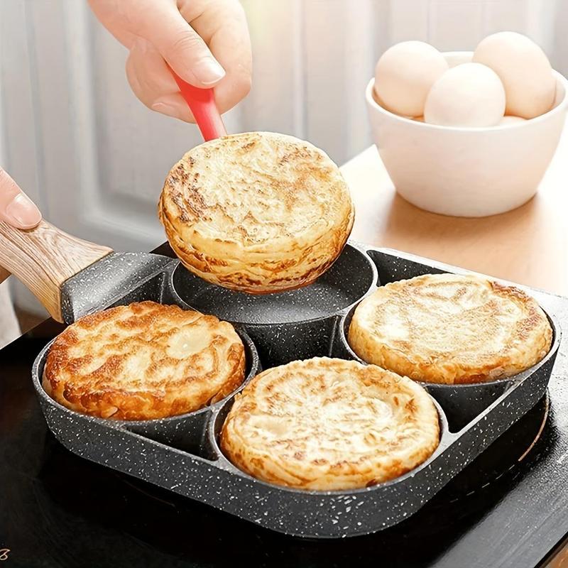 Product Introduction of Non-stick Egg Frying Pan, 1 Count 4-grid Egg Burger Frying Pan with Wooden Handle, Kitchen Cookware for Breakfast, Egg, Bread 5