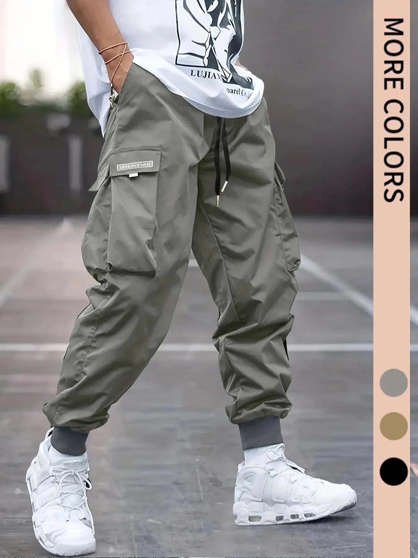 Loose Vintage Solid Patched Flap Pocket Drawstring Waist Cargo Pants, Men's Trousers, Long Pants, Going Out Outfit, Please Purchase One Size Smaller, Combat Trousers Men