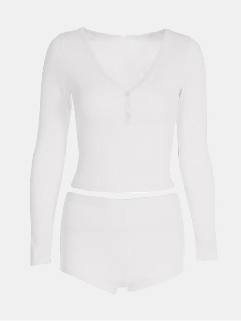 Product Introduction of Women's Solid Button Front Crop Tee & Elastic Waist Shorts Set, Casual Long Sleeve V Neck Top & Shorts Two Piece Set For Daily Wear, Ladies Clothes For All Seasons 5