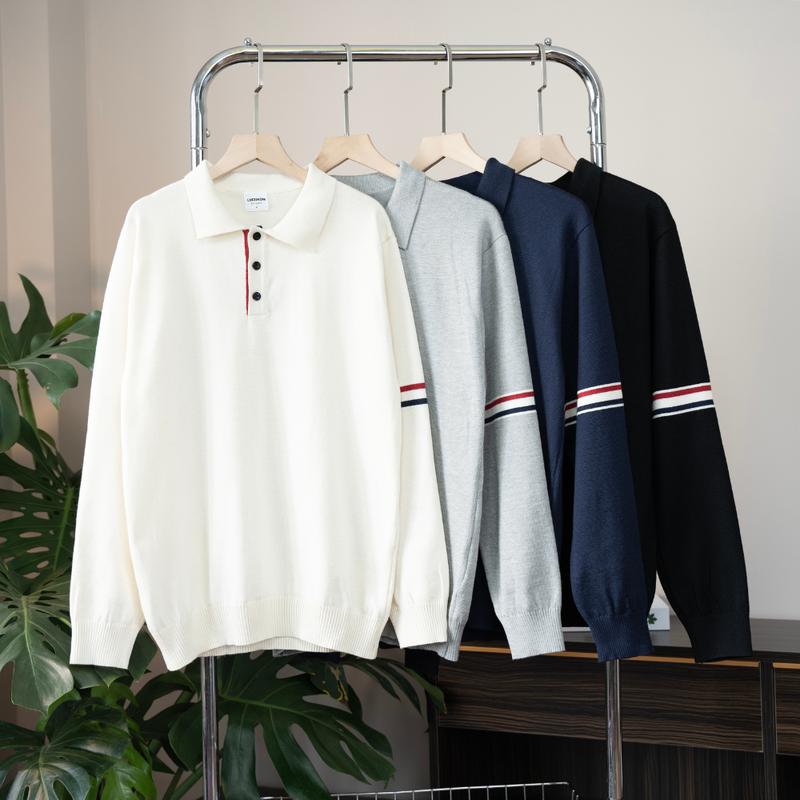 Áo polo dệt kim LUMIX dài tay phối sọc cao cấp, kiểu dáng classic sang trọng - LUCIINON Nam Menswear Có Cổ Shirt