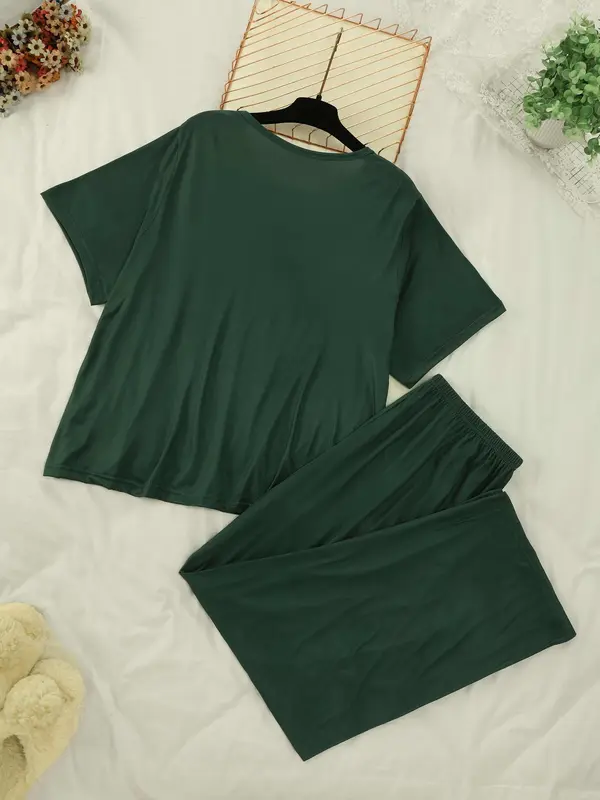 【Plus Size】 Letter Print Short Sleeve Tee & Pants Pajama Two-piece Set, Casual Comfy Round Neck T-shirt & Trousers Pajama Set, Women's Sleepwear for Summer 4