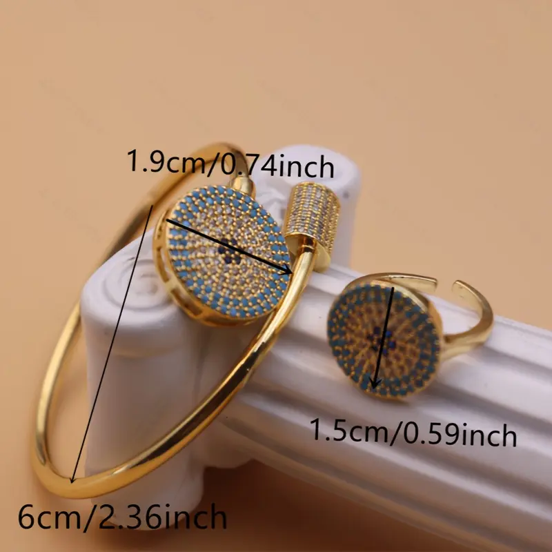 Elegant Golden Bangle with Ring - Perfect for Parties and Holidays 24K Plated, Turquoise Inlay, Alloy Construction exquisite gift delicate 3