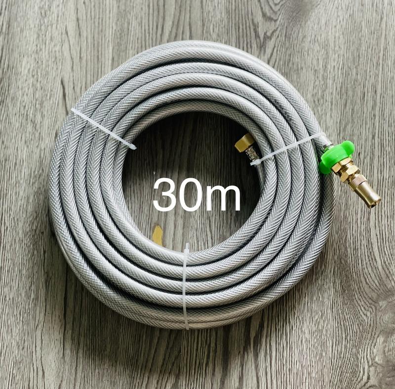 Bộ dây xám 30m xịt rửa xe , tưới cây, dây nhựa dẻo phi 14mm đầu cấp nước gắn tán đồng thau ren trong 21, + đầu vòi chất liệu đồng thau voi phun dây tưới cây sân vườn p3 tuoi