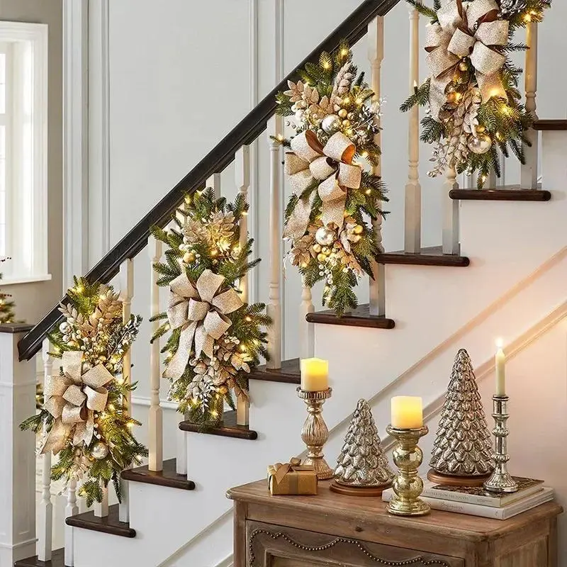 Christmas Wreath Hanging Pendants Stairway Swag Trim Garland Window Door Stairs Wreath Artificial Flowers Christmas Decorations