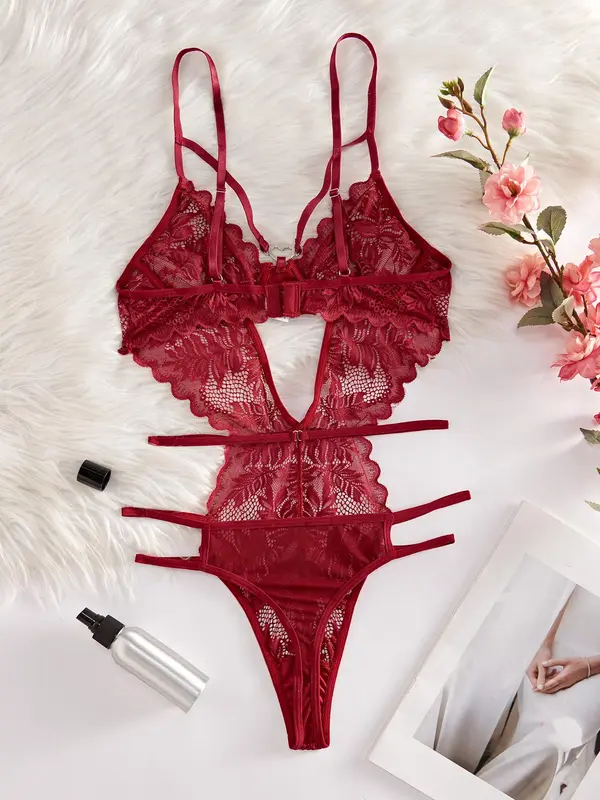 Women's Solid Cut Out Sheer Lace Lingerie Bodysuit, Bodysuit for Women, Naughty Lingerie, Fashion Comfy Sexy Breathable Push Up Bodysuit for Daily Wear, Women Sexy Lingeries for All Seasons, Summer Wear 2024 4