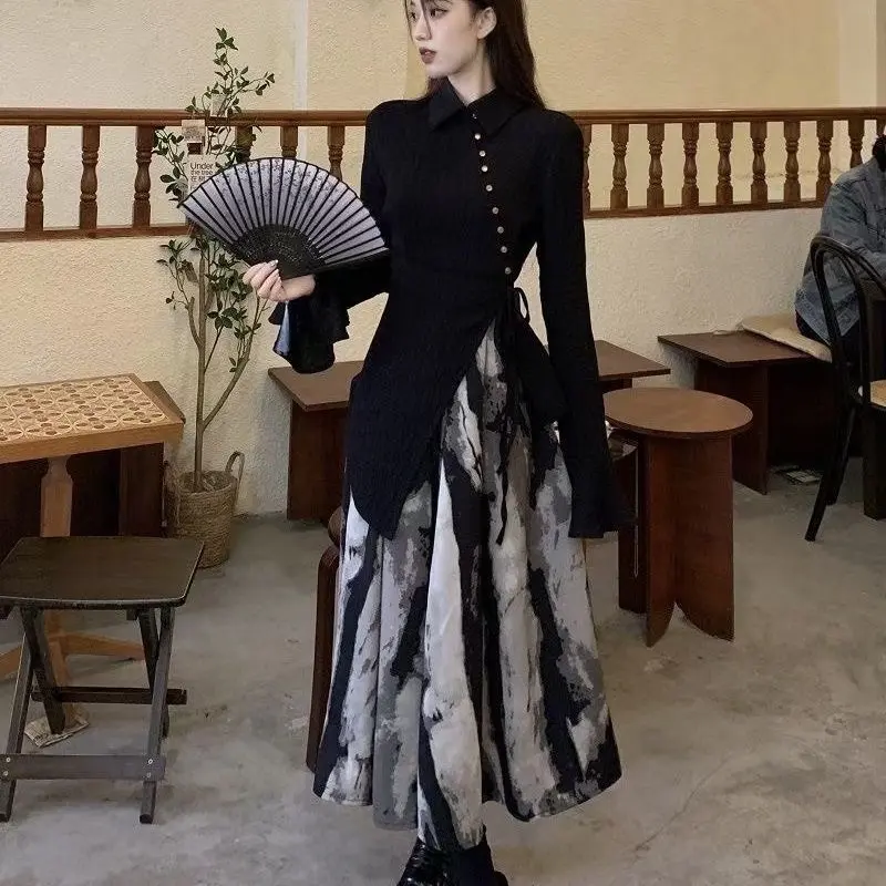 Setelan Atasan Dan Baju Long Dress Hitam Lengan Panjang Oneset Wanita Korean Style M647