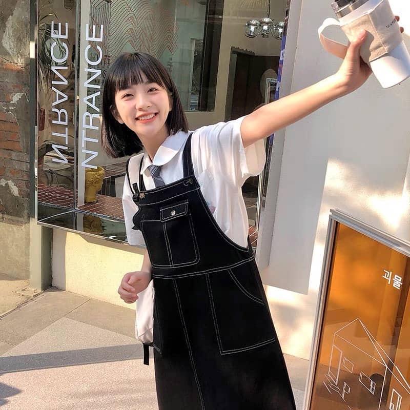 Váy Yếm Kaki Túi Vuông Chỉ Nổi LETUSHOP Phong Cách Hàn Quốc