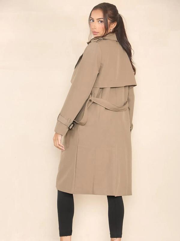 Women's Solid Double Button Belted Trench Coat, Elegant Lapel Neck Long Sleeve Coat for Fall & Winter, Women's Clothing for Daily Wear 8