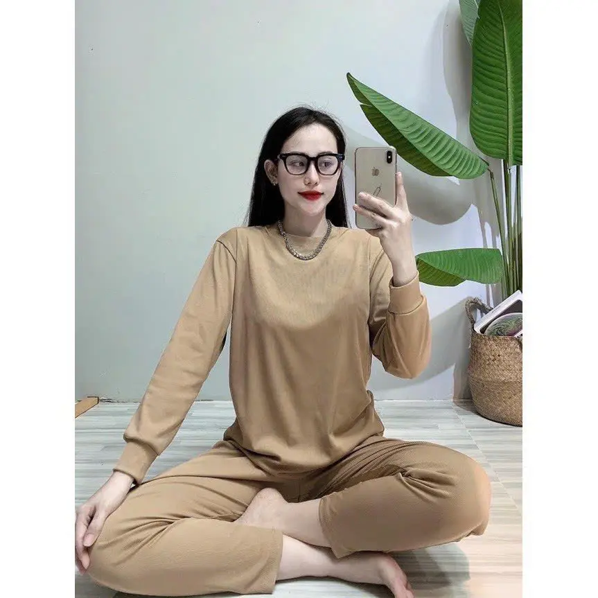 Bộ thun tăm cổ tròn tay dài chất mềm mát co giãn thoái mái đồ  ngủ Nữ Women do  boxinh
