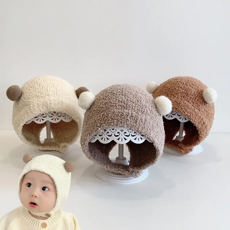 Mũ Len Dệt Kim, Ấm Áp Mùa Đông, Thiết Kế Dễ Thương, Có Bảo Vệ Tai, Có Nút, Thích Hợp Cho Mùa Thu Và Mùa Đông, Mũ Ấm Lông Cừu Nhồi Bông Cho Trẻ Em, Trẻ Em Và Trẻ Sơ Sinh 4