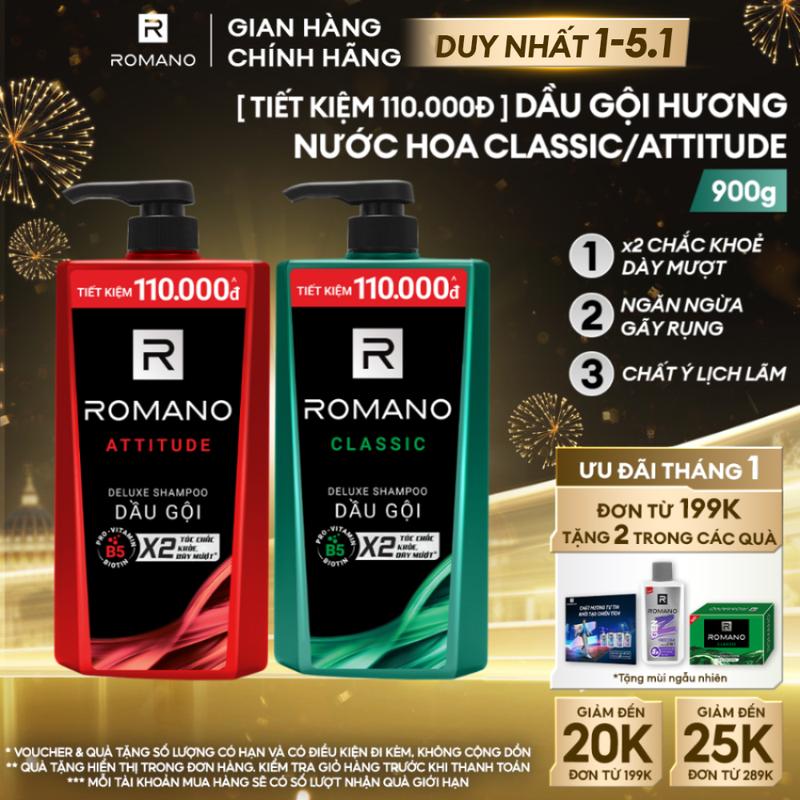  DUY NHẤT 1-5.1  ĐƠN 199K TẶNG 2 QUÀ  Dầu Gội Dưỡng Tóc cho nam Romano Hương Nước Hoa Classic   Attitude 900g 