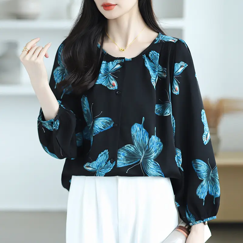 Áo Voan Cổ Tròn, Dành Cho Nữ, In Hình Bướm, Phong Cách Hồi Giáo, Áo Dài Tay, Hàng Mới Về 4