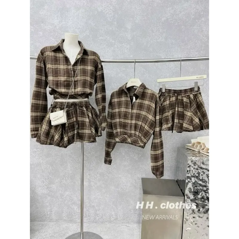 Set đồ nữ, bộ đồ nữ áo sơ mi mix chân váy kẻ caro phong cách basic 1
