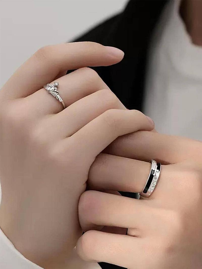 Product Introduction of Fashion Cross & Letter Design Couple Ring (1 Pair), Elegant Rhinestone Decorated Couple Ring, Couple Jewelry for Daily Decoration, Valentine's Day, Gift 8