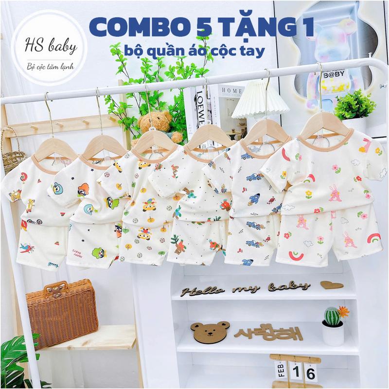 Combo 5 Bộ (Tặng 1 Bộ) cộc tay cho bé gái bé trai thun tăm lạnh màu trắng kem 4-15kg (5 họa tiết khác nhau)