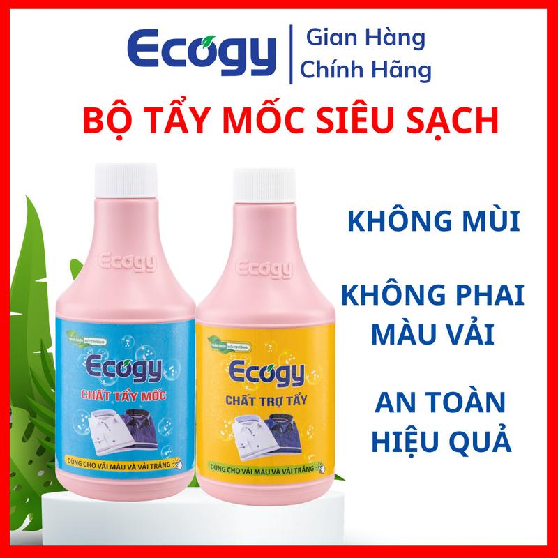 Bộ tẩy mốc siêu sạch Ecogy; Hỗ trợ làm Sạch mốc thâm kim vết két mồ hôi vết dầu mỡ từ đồ ăn vết đồ uống trên quần áo màu và trắng; Dạng nước không mùi trong lượng 600g 2 chai