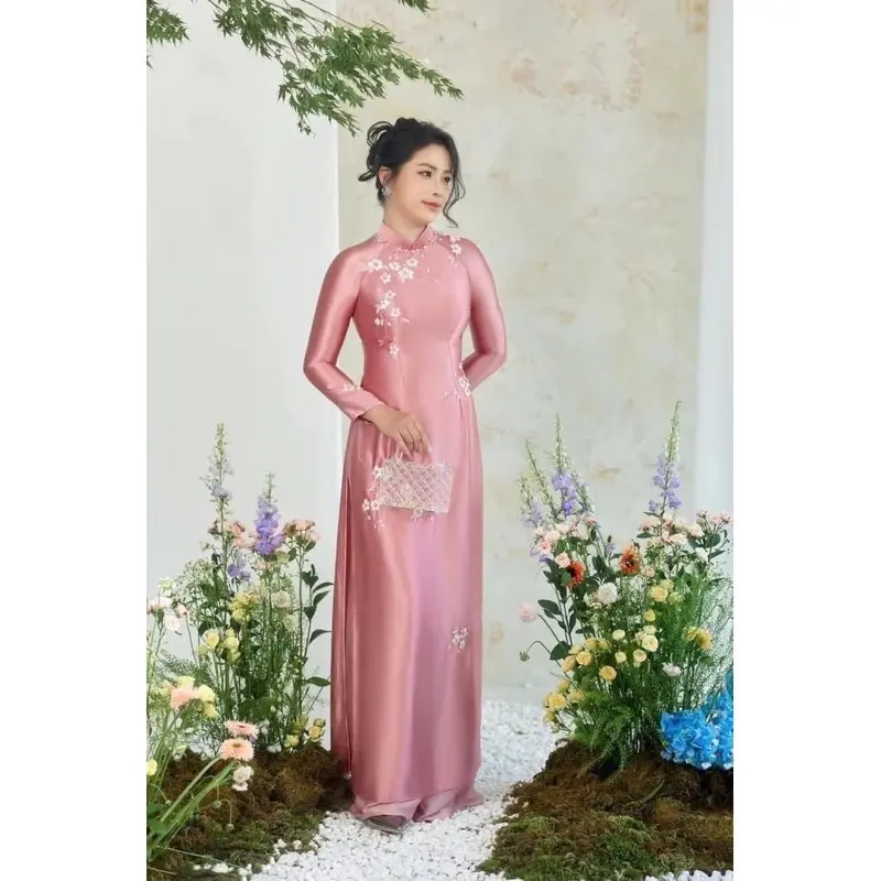[ lụa ruby] áo dài lụa ruby -thêu tay thủ công + đính kết hạt