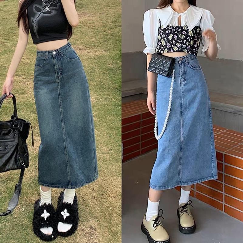 Moli Jeans - Chân Váy jean Dài Bigsize Cạp Cao Dáng  suông Dài Thanh Lịch 55-90kg Rẻ Đẹp Xẻ Sau Phom Chữ A Dài 80cm Nữ Denim Cotton Lưng Cao 4535 Women chânváy bò dánglửng a-line  skirts chân  váy