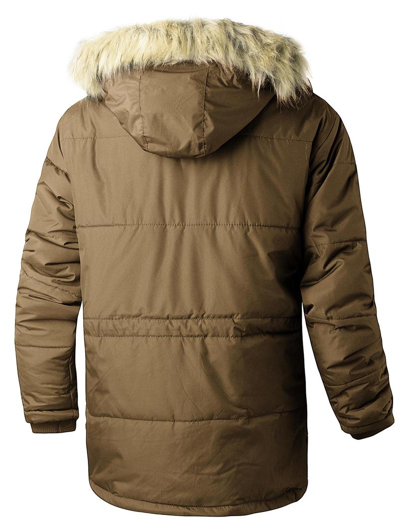 Product Introduction of Men's Flap Pockets Button Front Thermal Lined Hooded Coat, Slim Fit Casual Fuzzy Trim Zipper Warm Coat, Men Winter Coats, Men's Outerwear for Daily Wear 8