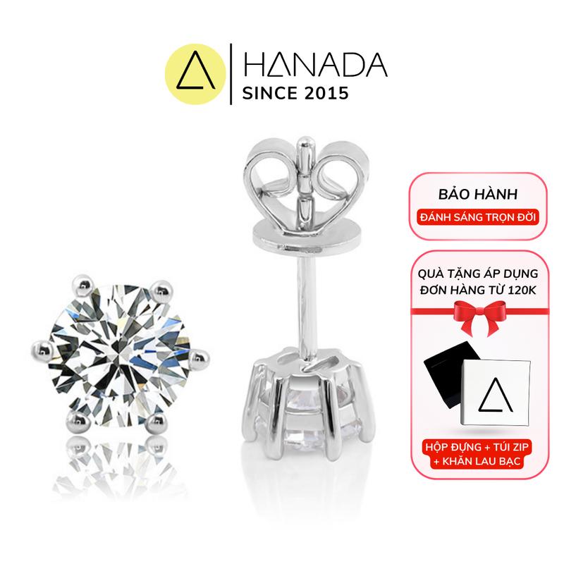 Bông Tai Bạc 925 Hanada khuyên tai nam nữ chuôi vặn 6 chấu dày dặn đá CZ 6A chuẩn 120 lát cắt siêu lấp lánh không ố 6 chấu vặn 0927 D09