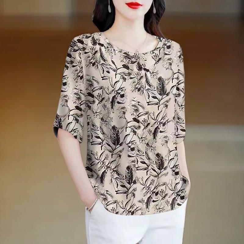 Áo Thun In Hình, Cổ Tròn, Tay Lửng, Dành Cho Mẹ TRUNG NIÊN, Nữ Mùa Hè, Ngoại Cỡ, Dáng Rộng, Che Bụng, Áo Phong Cách Phương Tây, Áo Sơ Mi Nhỏ Top Women Shirt 4
