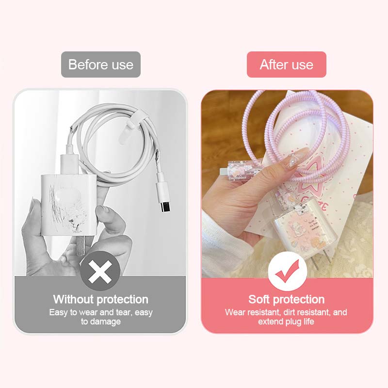 【COD】[Model Terbaru]Pink Ribbon Bow Data Cable Protective Case Charger Protective Case Set Cocok untuk IP