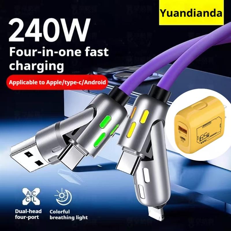 Cáp dữ liệu bốn trong một trụ ánh sáng Sạc nhanh PD Sạc siêu nhanh 240W Loại C silicon lỏng Cáp dữ liệu ô tô Được ghép nối với bộ sạc Gali Nitride Mới cho năm 2025
