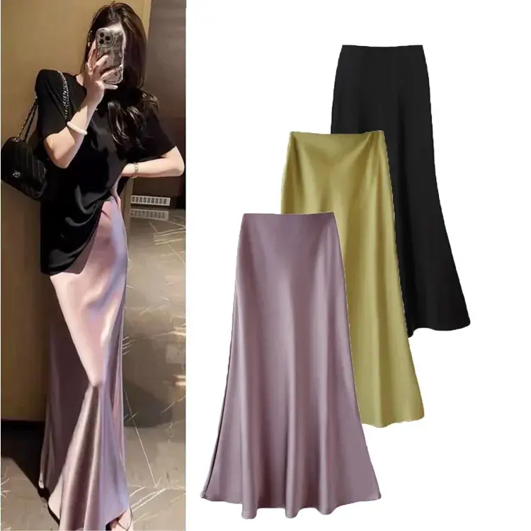 Váy Midi Mỏng Cạp Cao Váy Đuôi Cá Bó Satin Acetate, Dành Cho Nữ, Váy Xếp Nếp, Thích Hợp Cho Mùa Xuân Và Mùa Hè, 2025