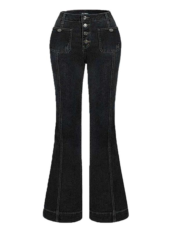 Women's Plain Button Pocket Flare Leg Jeans, Casual Bell Bottom Trousers for Daily Wear, Jeans for Women, Summer Outfits 2024, Ladies Bottoms for All Seasons, Trousers for Women, Going Out Bottoms Womenswear Pants Denim Streetwear 7