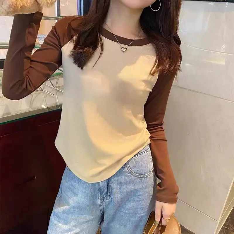 Áo Thun Dài Tay, Phong Cách Preppy Mùa Hè, Ôm Sát, Tay Raglan, Dành Cho Nữ, Dễ Phối Đồ, Áo Mặc Bên Trong Mỏng, Vòng Cung Viền, Màu Sắc Đặt Hàng Top Women Cổ Tròn