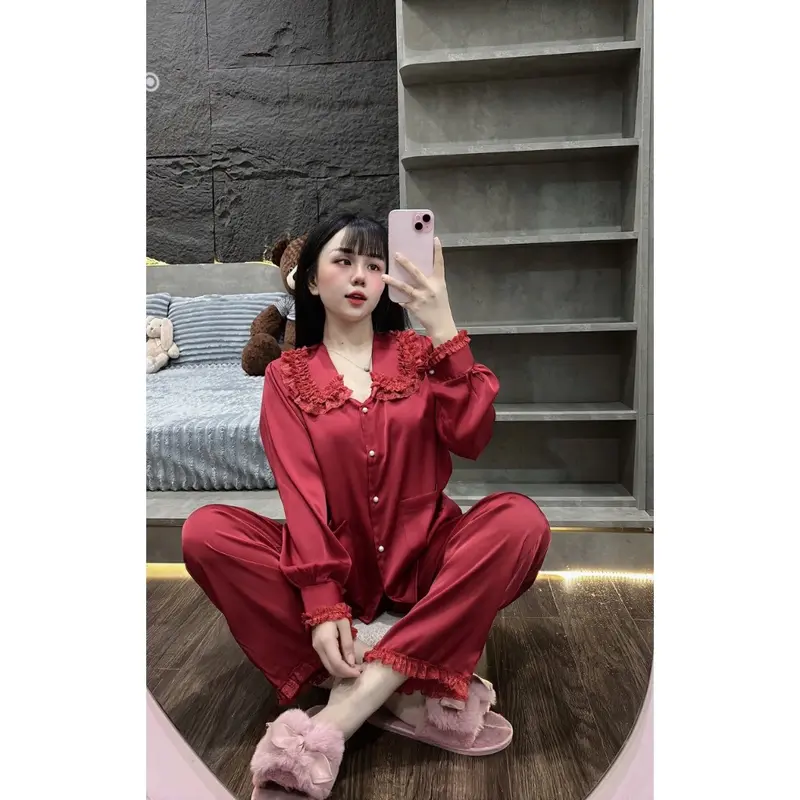 Đồ Ngủ Nữ, Đồ Bộ Tiểu Thư TAMY Pijama Tay Dài Cổ Sen Ren Tầng Chất Lụa Latin Mát Mịn - Freesize < 58Kg 8