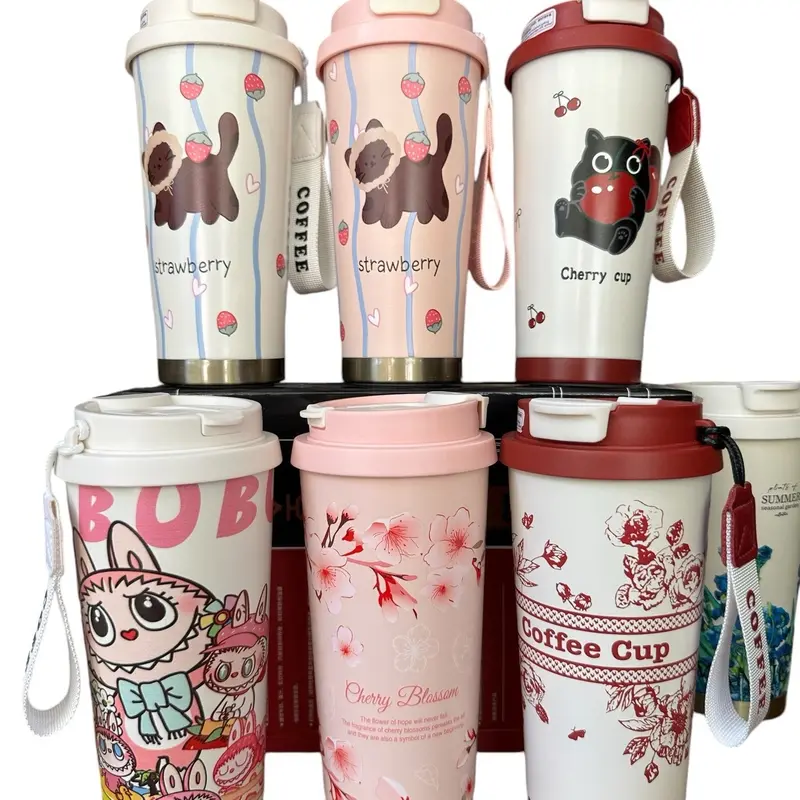 Cốc Giữ Nhiệt Hoạ Tiết Hoa Lá Dung Tích 500ml Có Kèm Ống Hút Chất Liệu inox 316 0