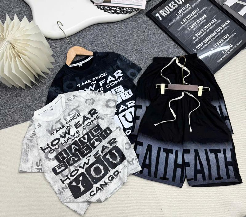 (Mon kids) Bộ Quần Áo Cộc Tay Chất Cotton Co Giãn 4 Chiều Mềm Mại cho bé trai 18-60kg. chữ EA.TH bococtay phongcach2025