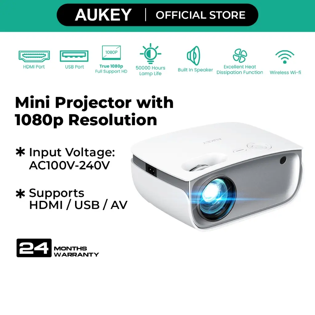Projektor Mini Wi-Fi Tanpa Wayar, Aukey RD-850, dengan Resolusi 1080p, Menyokong Penyegerakan Skrin Telefon Pintar