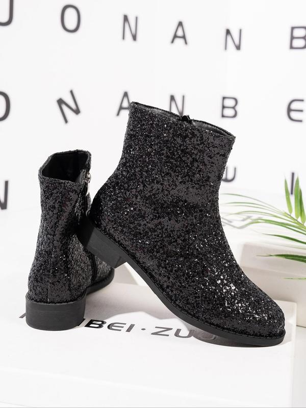 Women's Glitter Zipper Design Ankle Boots, Elegant Round Toe Chelsea Boots for Fall & Winter, Female All-match Trendy Shoes for Daily Wear Girl Footwear 3