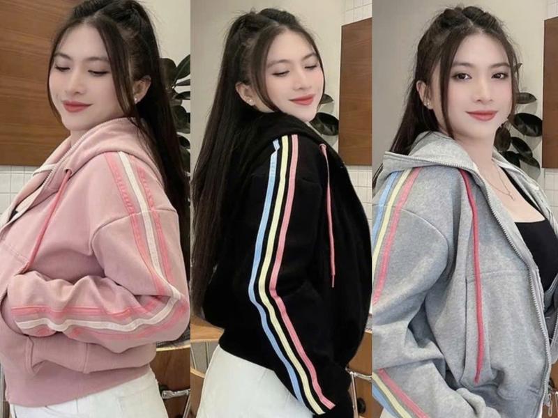 ÁO KHOÁC NỈ SỌC VIỀN 3 MÀU SỌC TAY CẦU VÒNG CÓ NÓN ,CÓ TÚI TRONG CHO NỮ Hoodie Top Women