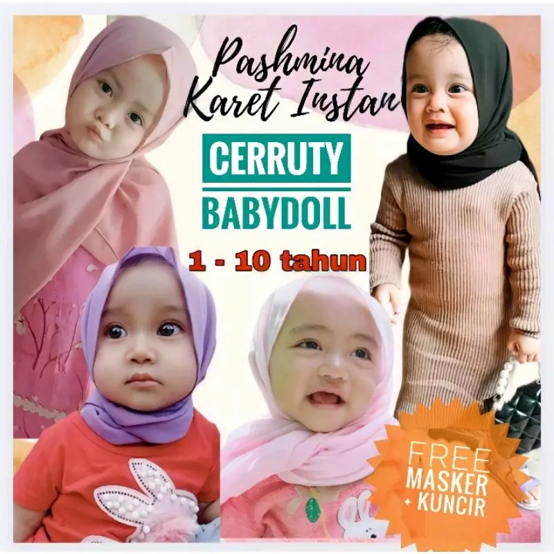 Pashmina Instan Anak Ceruty Babydoll premium Hitam Navy Putih Nyaman Karet