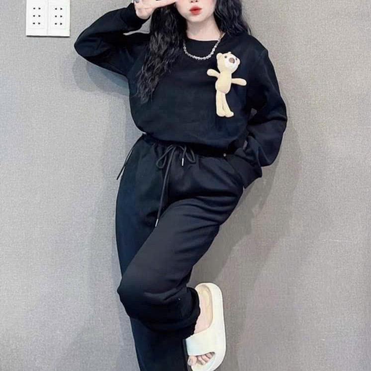 Sét bộ nỉ bông nữ năng động trẻ trung ( tặng kèm phụ kiện gấu ) Áo Women Nâu Kem Top Tre Top Tre Top Tre 3