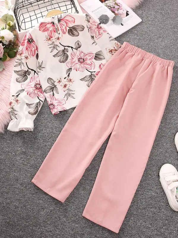 Two-Piece Set Girl's Floral Print Top & Pants Set, Casual Keyhole Neck Top & Trousers for Fall & Winter, Kids Clothes for Daily Wear 1