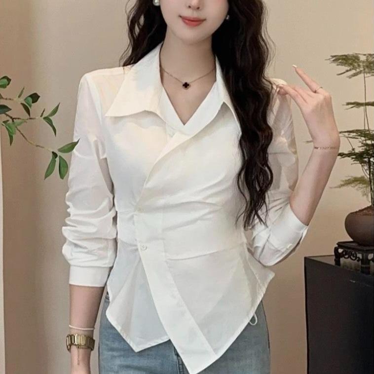 Áo Sơ Mi Thiết Kế Cao Cấp , Nữ Vạt Chéo Tôn Eo, phong cách Sơ mi kiểu Pháp Top Women Trắng Shirt Jean somi hot trend