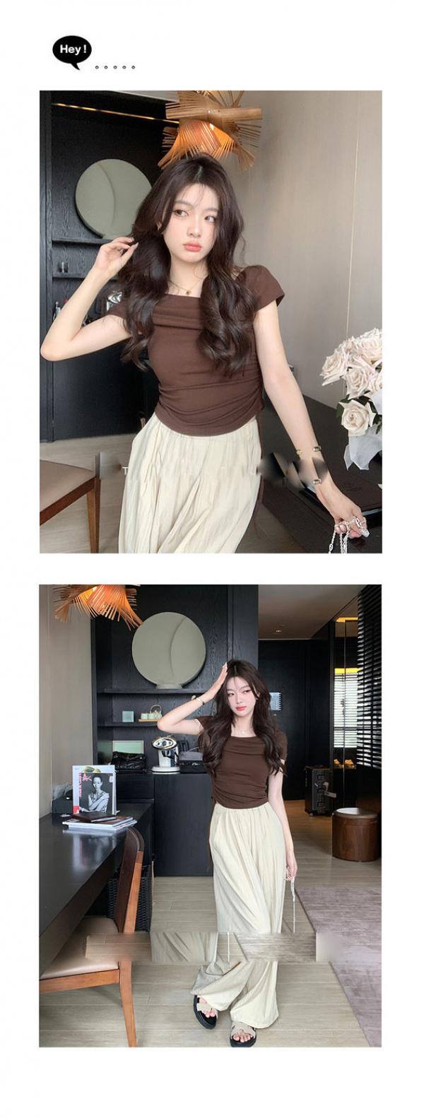 Product Introduction of Design Sense Niche Top Women's New Summer off-Shoulder Pure Color Trendy Short Sleeve T-shirt 2024 Womenswear Blouse 29