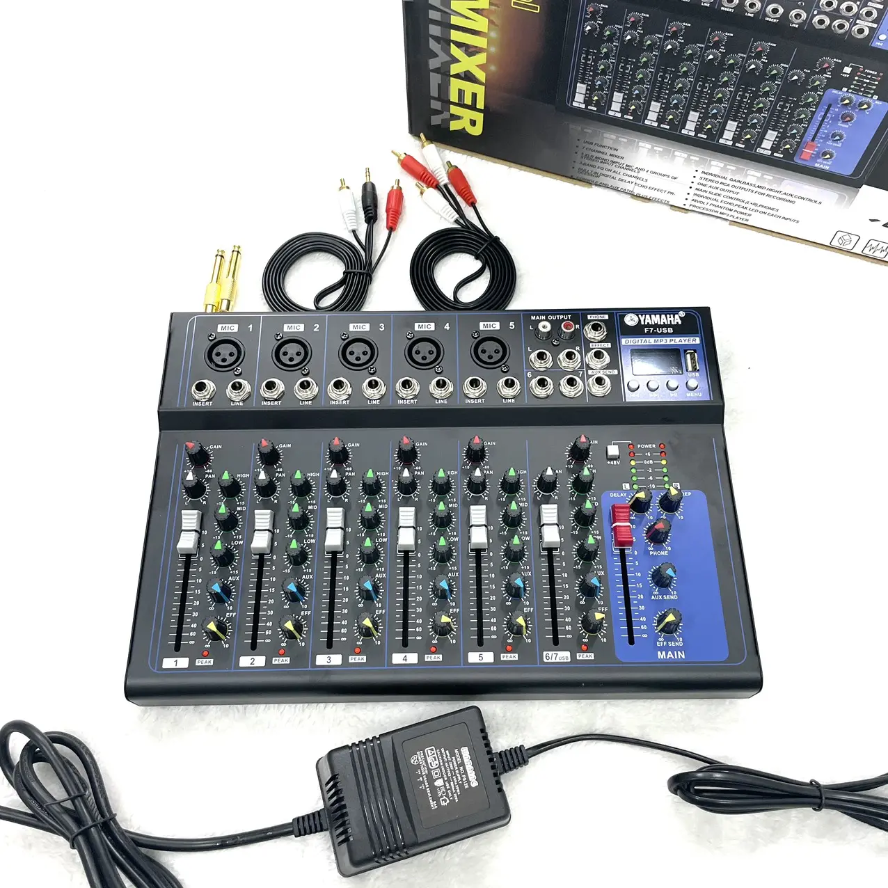 Mixer Yamaha karaoke F7-MB: Model F7-MB hỗ trợ Bluetooth, Jack USB, AUX, Jack 6 ly, jack Insert, Effects (trống, guitar, và nhạc cụ khác)