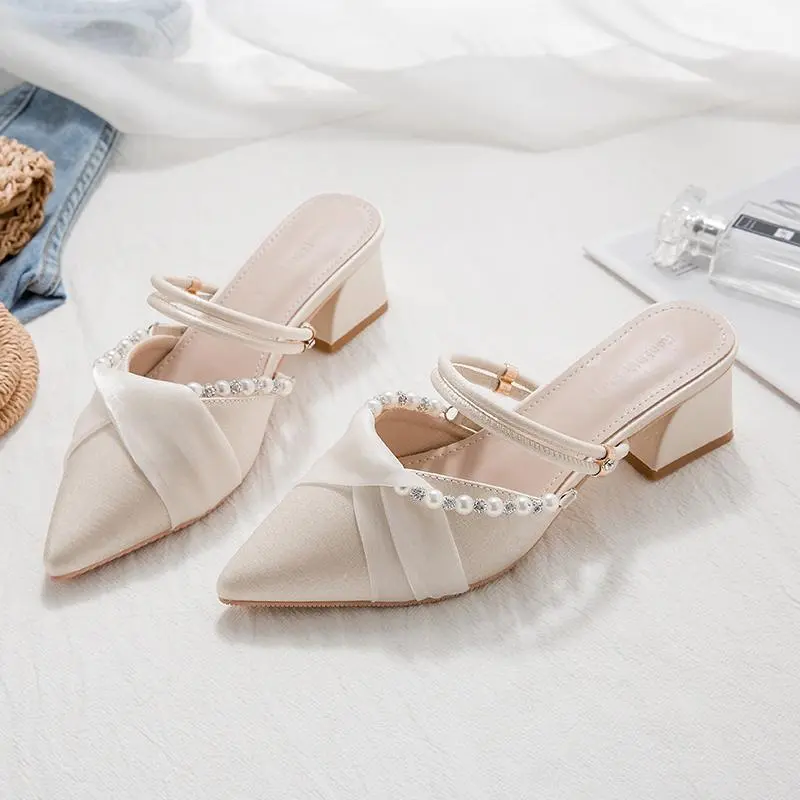 Candia Shoesheel Glitter Wanitacute Heelskasut Tapak Tinggi Dan Tebal Spring/Summer New Mid-High Heels Women's French Half Slippers Fairy Style Two-Way Wear Sandals Closed Toe Sandals Pointed Toe Women's Chunky Heels Girl Footwear Walking Shoes Tactical 2